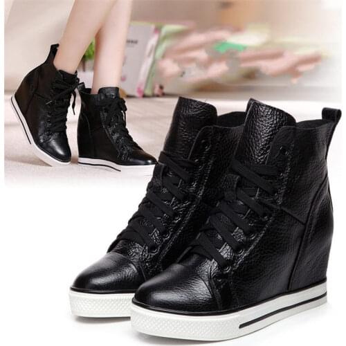 NAYIDUYUN Women Cow Leather Fashion Sneakers Casual Shoes Wedge Leather High Heel Round Toe Breathable Oxfords