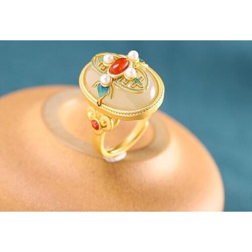 New gorgeous retro palace style Ring s925 silver gold-plated, burnt blue craft, natural jade ring woman, 925 silver woman ring