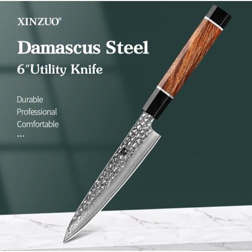 XINZUO 5'' Utility Knife Damascus Steel Janpanse Super Sharp Kitchen Tool Cook Knives Ironwood Handle Meat Slicer