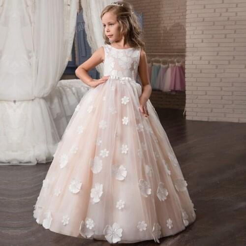 Luxury Vestido Longo Flower Girl Dresses Vintage Girls Pageant Dresses Children Lace Dresses Wedding Party Long Ball Gowns 6-14T