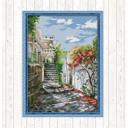 Garden Villa Cross Stitch Patterns Landscape Painting Aida Fabric for Embroidery Kit 14CT 11CT Printed Canvas DMC DIY Needlework