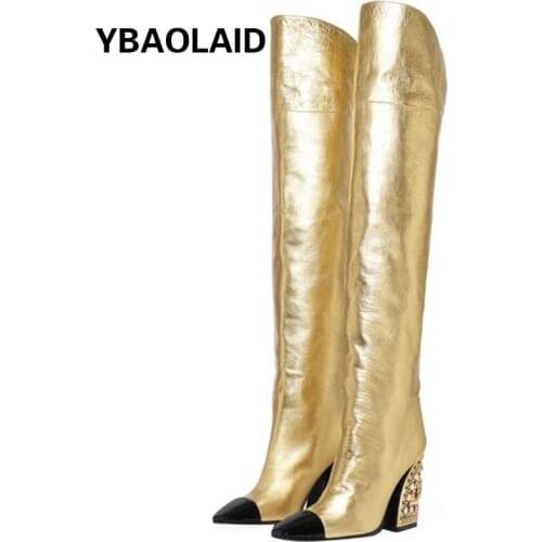 Fashion New Pointed Gold High-heel Catwalk Boots Pearl Pattern Special-shaped Color Diamond Heel Over-the-knee High Boots