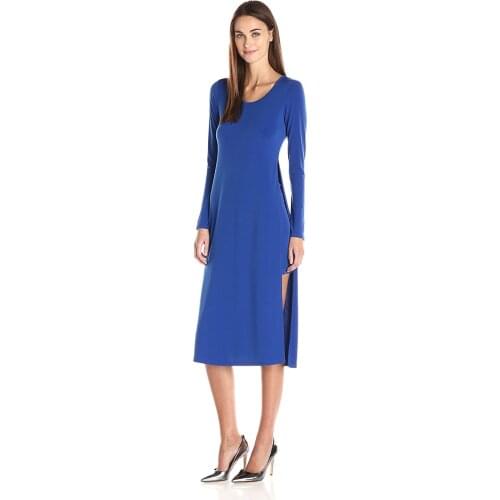 Spring New Fashion Customize Womens Electric Blue Double Layer Long-Sleeve Dress Ladies Sexy Slit Plus Size Chiffon Dresses