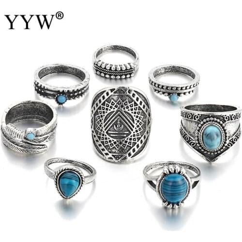 Vintage Ring Set For Womens Blue Stone Silver Plated Gothic Punk Steampunk Heart Butterfly Skull Ring Sets Party Jewelry 2021