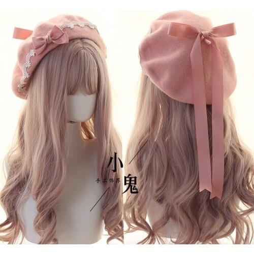 Japanese Handmade Lace Bow Ribbon Sweet Beret Wool Warm Painter Hat Mori Girl Lovely Lolita Autumn Winter Retro Pancake Cap