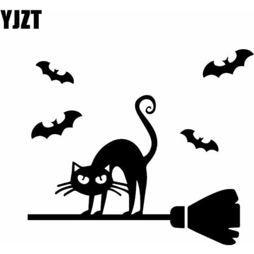 YJZT 15.5X13.5CM Car Sticker Halloween Cat Bats And Brooms Funny Vinyl Decal Decor Black/Silver C24-1827