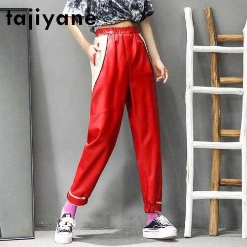Women Streetwear 2021 Genuine Leather Sweatpants Womens Real Sheepskin Pants Woman Oversized Pants Pantalon TN1276