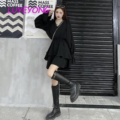 Vintage Vestidos Autumn V Neck Lace Spliced Flare Long Sleeve Pleated Dresses Plus Size 4XL Lady Black Gothic Street Mini Dress