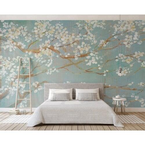 Beibehang Customized modern new flower hand-painted oil painting cherry blossom Nordic style TV background wallpaper