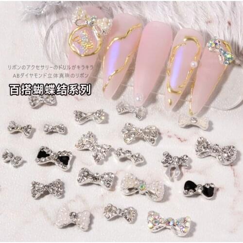 10pcs Shiny Crystal Bowknot 3D Nail Art Decorations Diamond Rhinestones Charm Pearl Alloy DIY Jewelry Manicure Design Accessory