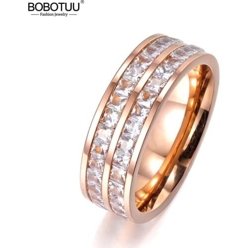 BOBOTUU Multilayer Pave Two Row Clear Cubic Zirconia Rose Gold Color Titanium Steel Anniversary Wedding Rings For Women BR17050