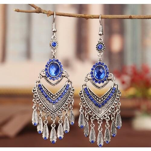 Bohemian Ethnic Colorful Rhinestone Crystal Drop Earrings for Women Vintage Long Antique Silver Color Tassel Earrings Jewelry