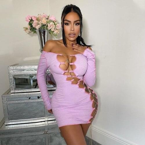 DSMTRC Long Sleeve Sexy Midnight Clubwear Birthday Outfits For Women Mini Dress Chain Lace Up Ribbed Cut Out Bodycon Dresses