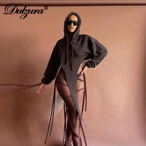 Dulzura 2021 Autumn Winter Women Solid Long Sleeve Hoodie Irregular Sweatshirt Loose Oversized Streetwear Casual Tops