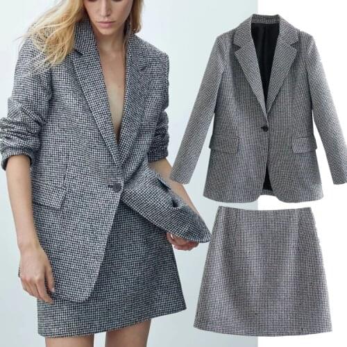 Jenny&Dave Women Sets England Style Office Lady Fashion Vintage Houndstooth Plaid Casual Blazer Women Aline High Waist Skirts