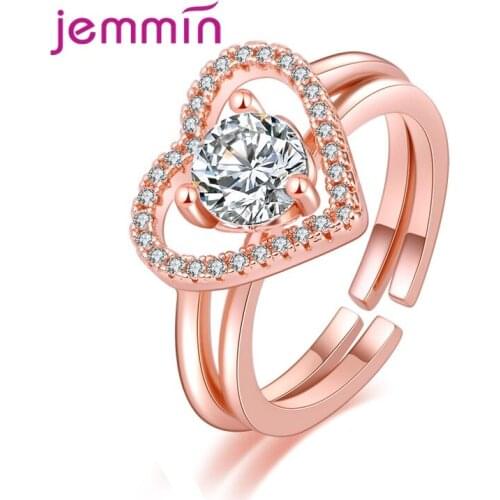 Romantic Love Heart Wedding Rings for Women Clear Zircon Opening Adjustable 2 PCS Rings Set Bride Jewelry Wholesale Gift