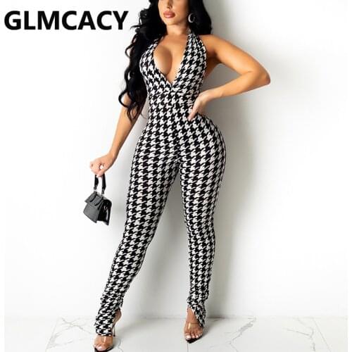 Halter V Neck Houndstooth Jumpsuit Summer Backless Skinny Overalls