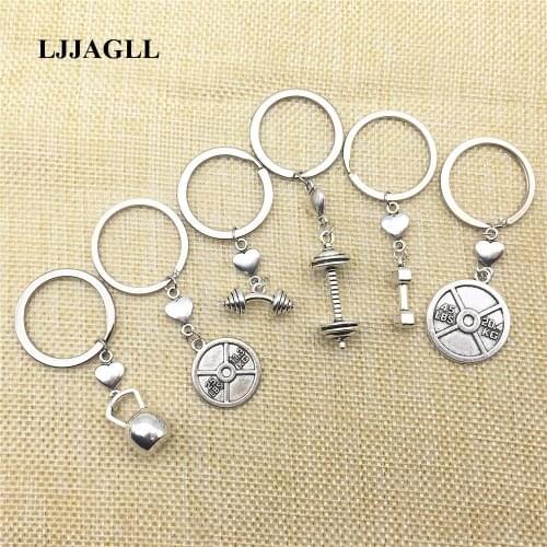 2Pcs 6types Vintage Sports Charm Fitness Kettle bell dumbbell Key Chains Diy Metal Jewelry Making