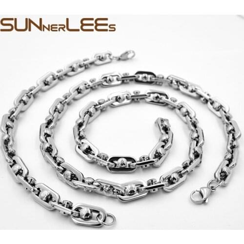 SUNNERLEES Jewelry 316L Stainless Steel Necklace Bracelet Set 9mm Geometric Link Chain Silver Color Gold Plated Men Women SC74 S