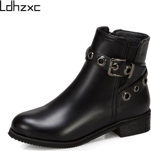LDHZXC Women Ankle Boots Round Toe Square Heel Zipper Opening Black Female Shoes Rivets Punk Ladies Footwear Plus Size 34-48