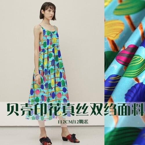 1 Meter Blue Shell Print Pure Silk Crepe De Chine Fabric 100% Mulberry Summer Dress Shirt