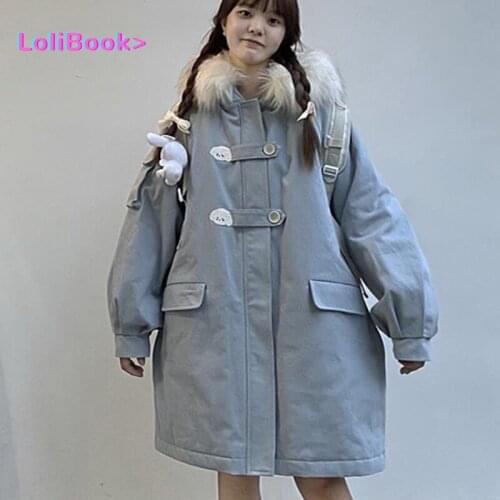 Lolibook 2021 women Harajuku Japanese Kawaii fur collar coats female blue casual loose thick warm outerwears lady Preppy coats