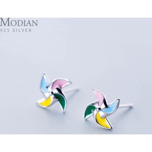 Modian Exquisite Multicolor Enamel Lucky Windmill Fashion Stud Earrings For Women 100% 925 Sterling Silver Fine Female Jewelry