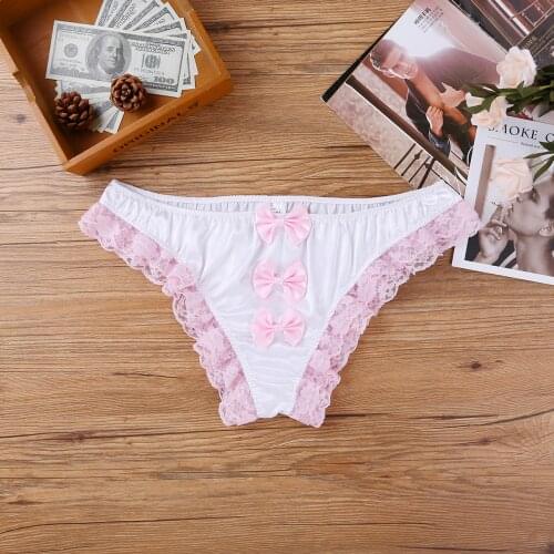 Men Floral Lace Bows Underwear Shiny Thongs Men Stretchy Briefs Male Bikini G-strings Funny Panties Thong For Man