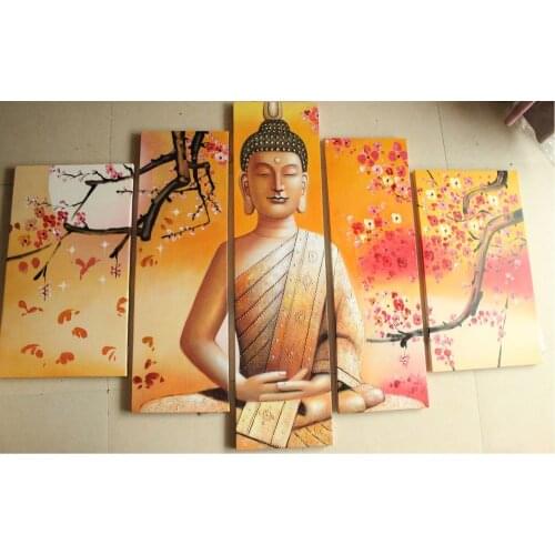 5 Panel Set Handmade Modern Yellow Buddha Canvas Painting Red Plum Flower Background Buddha Statue Oil Painting By Numbers Mural