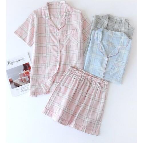 Summer Couple Pajamas Set Pure Cotton Gauze Simple Plaid Men/women Short Sleeved Sleepwear with Shorts Loose Comfy Home Wear