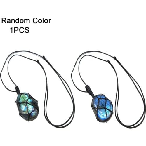 Natural Moonstone Pendant Labradorite Stone Crafts Ornament Hand Knitted Wrap Braid Macrame Radiation protection Energy Necklace