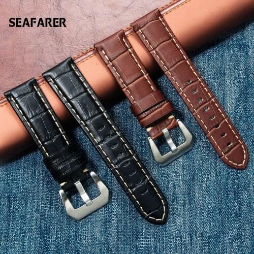SEAFARER New 22mm 24mm Genuine Leather Watch Band Strap Black watchband Watch Accessories Bracelet with Solid metal Buckle