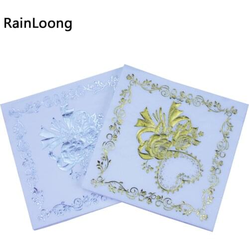 [RainLoong] Flower Print Gold Silver Foil Paper Napkins Tissue Serviettes For Party Decoration 33*33cm 2 Plys