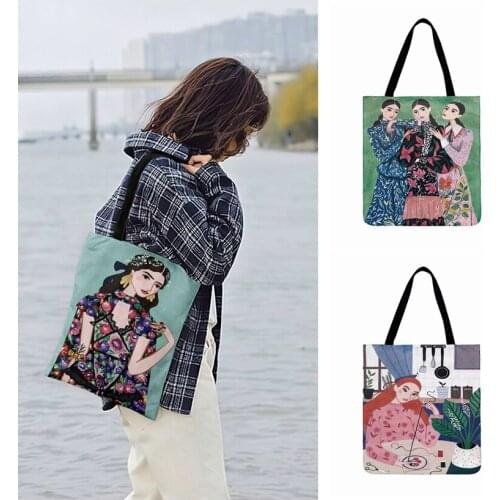 Foldable Shopping Bag Southeast Asian Girl Painting Print Tote Bag For Women Casual Tote Outdoor Beach Bags Ladies Shoulder Bag
