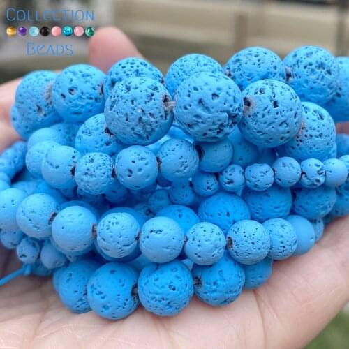 Natural Stone Light Blue Volcanic Rock Lava Round Spacer Loose Beads For DIY Jewelry Making Necklace Bracelet Accessories 4-10mm