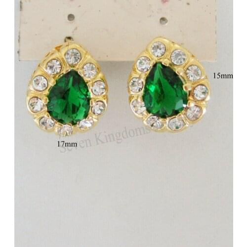 /MIN ORDER 10$ CAN MIX DESIGN/GREEN CZ STONE WATER DROP SHAPED TALL 0.67" - YELLOW GOLD GP OVERLAY STUD EARRING WITH CLIP