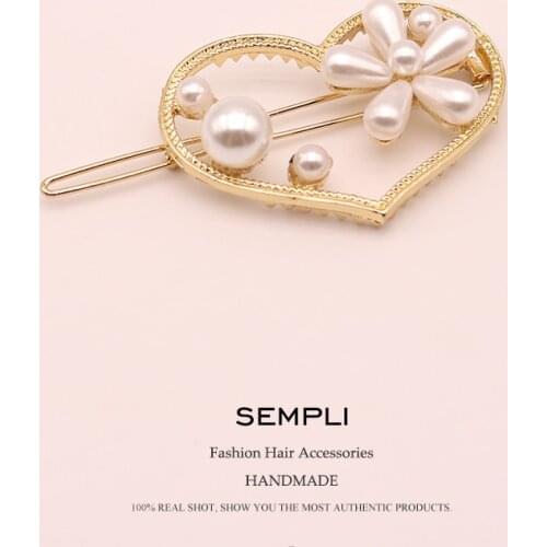 Sempli Fashion Women Pearl Stylish Hairpin Headwear Love Gold Alloy Lady Hairpin Ponytail Holder Hair Accessories Barrette