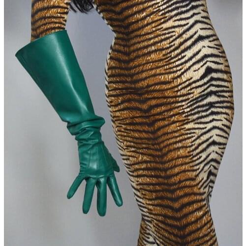 Womens fashion dark green wide sleeve faux pu leather glove ladys club performance formal party leather long glove 50cm R2209
