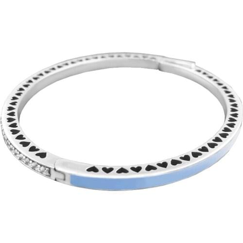 Women Jewelry Bangles Radiant Hearts Bangle with Air Blue Enamel & Clear CZ 100% 925 Sterling Silver Bangles DIY Wholesale