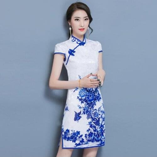 New Chinese style Cheongsam dress Summer Blue and white porcelain Short style