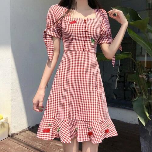 Summer Flower Fruit Embroidery Women Dress Sweet Teen Girls Bowknot Ruffle Short Sleeve Plaid Dress Lolita Square Collar 2 Color