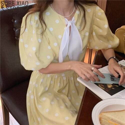 2021 Summer Dress Short Puff Sleeve Vintage Dot Print Dresses Women Casual Temperament Bow Collar Midi Long Dress Vestido 15259
