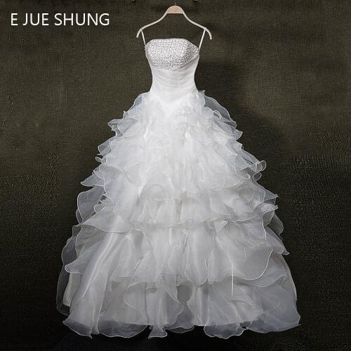 E JUE SHUNG White Organza Pearls Wedding Dresses 2017 Tiers Lace Up Back Wedding Gowns robe de mariage