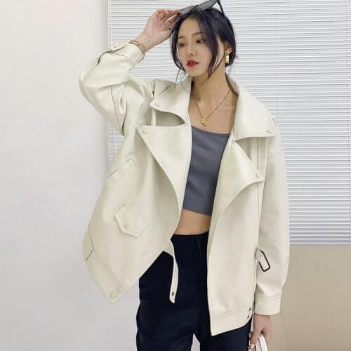 2021 New Fashion Spring Autumn Women Black Beige PU Faux Leather Jackets Female Loose Plus size Boyfrind BF Oversize Wild Coats