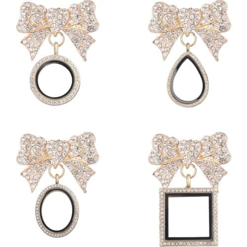 5pcs/lot Golden Heart bownot Rhinestone Brooches with Glass Living Memory Lockets Fit Floating Charms Women jewelry Party Gift