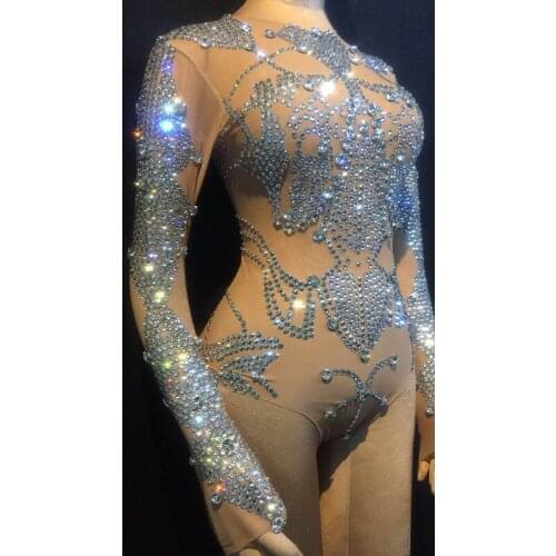 Sparkly Rhinestones Bodysuit Nude see through Performance Outfit Party Celebrate Glisten crystals Stretch Leotard Stage Wear