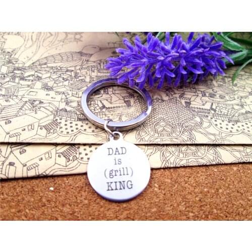3pcs/lot 28mm stainless steel keyring with 20mm stainless steel circle round "dad is (grill) king" charms keyring