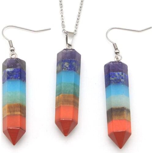 Chakra Column Gemstone Pendant Necklace and Earrings Jewelry Set Fashion Chakra Stone Women Jewelry Set for Party GS013