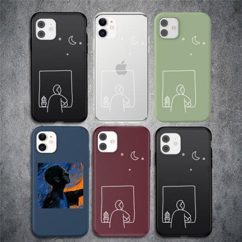 Line Cactus Pot Admire the Moon Oil Painting Case For iPhone 12 11 Pro XS Max 12 Mini X XR 5S SE 2020 6 6s 7 8 Plus Soft Cover