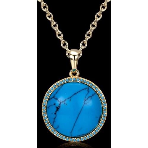 Elegant Round Kallaite Stone Pendants Necklaces For Women Vintage Gold-color Chain Turquoises Necklaces& Pendants Bijoux LKN003